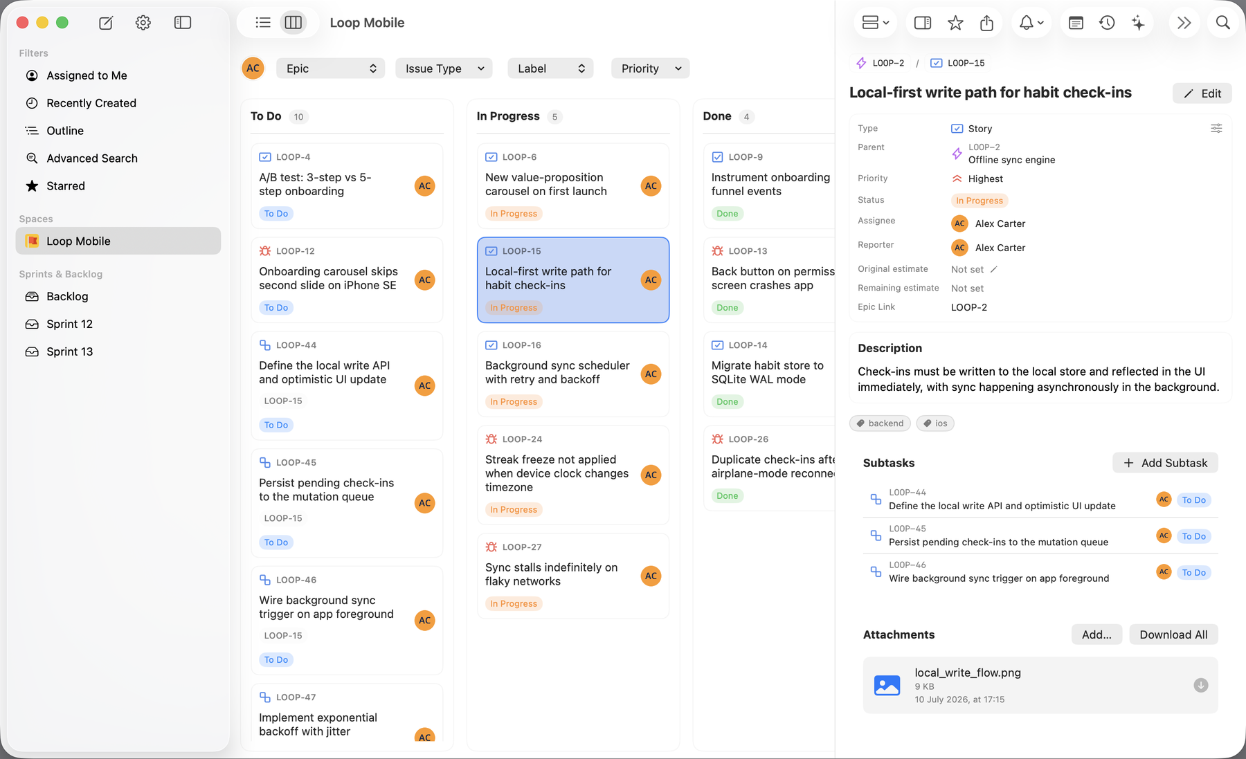 Native sprint kanban board