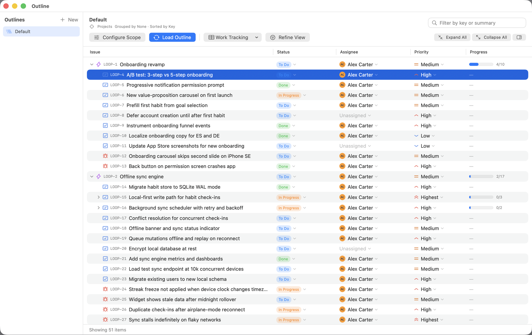 Outline: epics, stories and subtasks as one tree