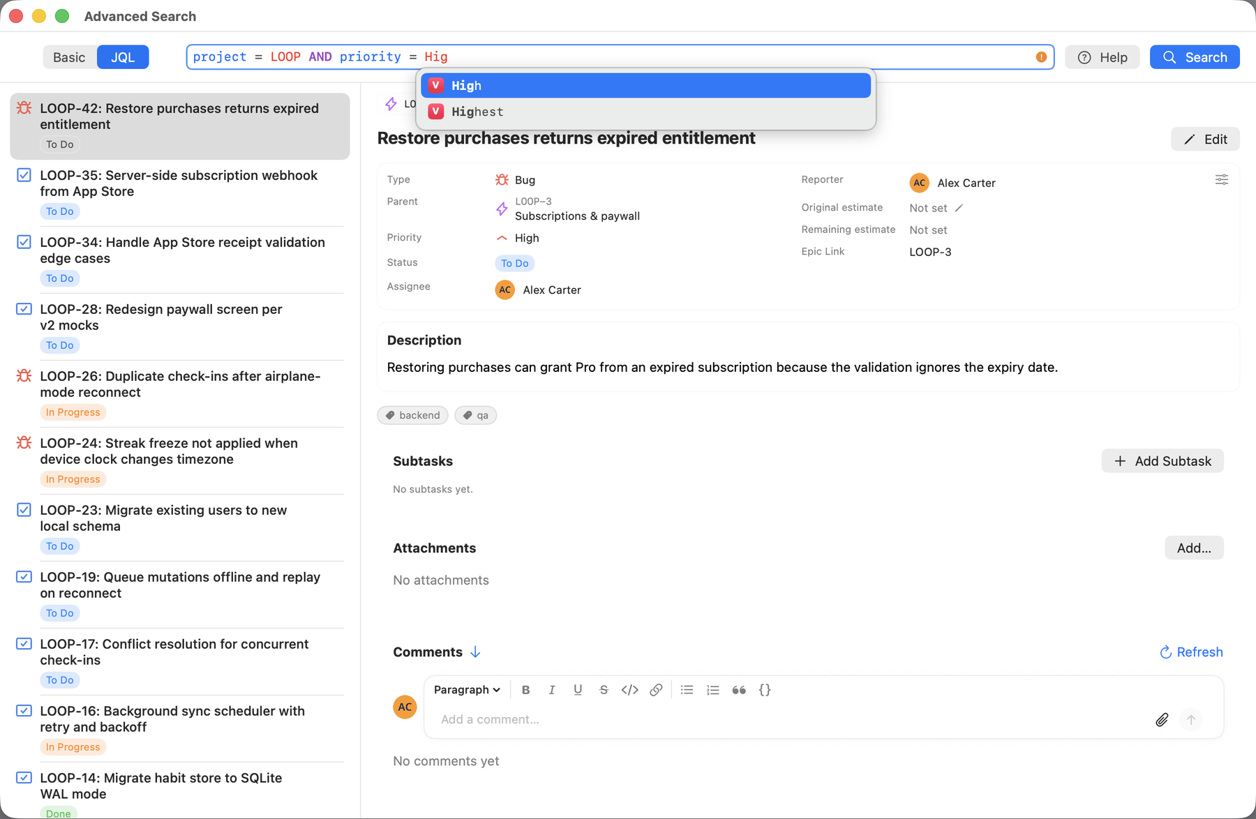 JQL search with live autocomplete