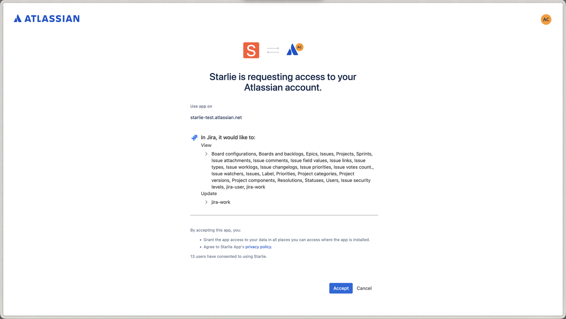 Atlassian's consent screen