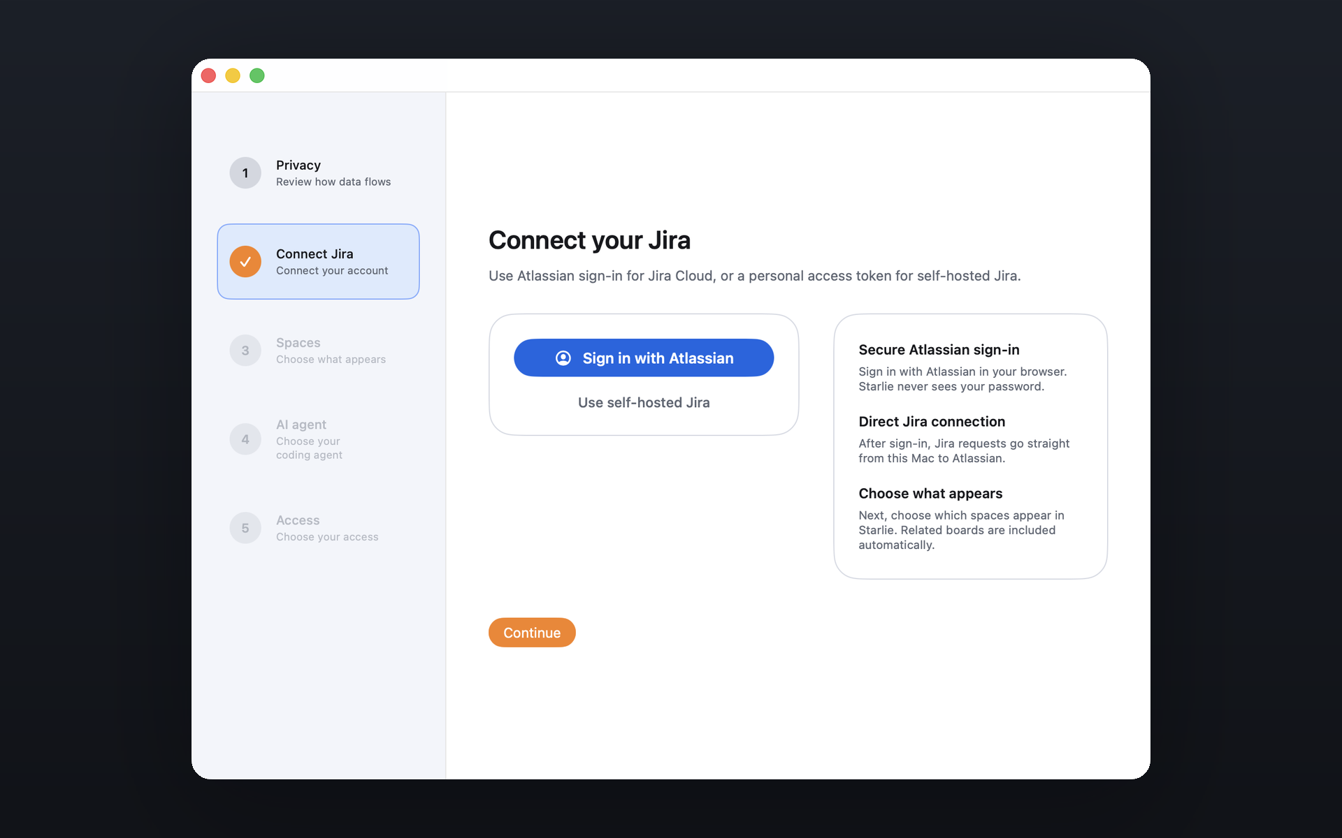 Starlie's Connect your Jira screen with options for Atlassian sign-in and self-hosted Jira